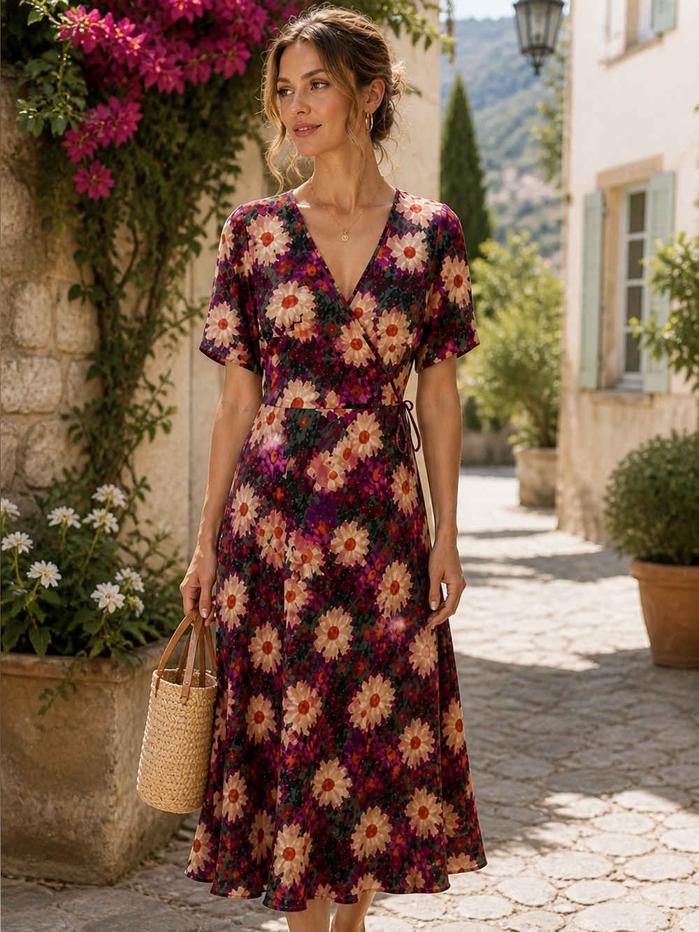 Reitmans Purple and Cream Floral Wrap-Style Midi Dress